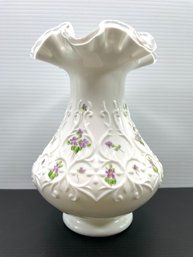 FENTON Art Glass Hand Painted Violets In The Snow Spanish Lase 8' Vase Signed