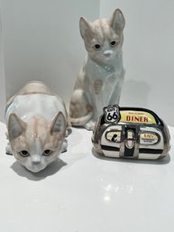 Pair Of Oh So Cute Kittens, With Vintage Henry Cavanagh Route 66 Ashtray, Porcelain