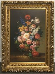 Antique, Vintage Oil On Canvas, Flower Painting, Signed A.V.