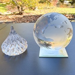 Crystal Cut Glass 'Hershey's Kiss' Paperweight With Etched Glass Globe Paperweight