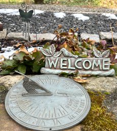 Lot Of (3) Garden Decor (sundial, Mini Chimes, Welcome Sign)