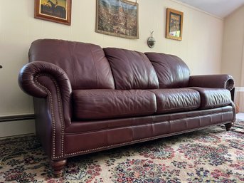 Magnificent Ethan Allen Leather Three Seat Sofa / Couch With Nailhead Trim