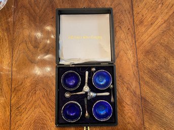 Boxed Set FB Rogers Silver Plated Salt Cellars With Cobalt Blue Glass Inserts