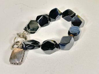 Black Hard Stone Beaded Bracelet Having Sterling Silver Charm