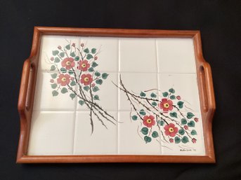 Large Hand Painted Tile Serving Tray Wood Frame Wild Roses