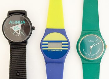 Collection Of (3) Watches: Nice Communications Blue/Yellow Watch, Alinda Watch, Green Watch