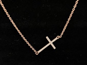 Vintage Sterling Silver Sideways Cross Necklace - 925, Rose Gold Plated, Simulated Diamonds - 17.5 In. Long