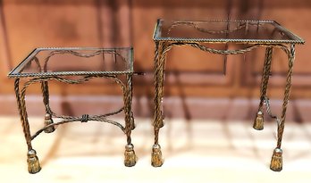 Two Metal & Glass Top Tables, Rope And Tassel Design