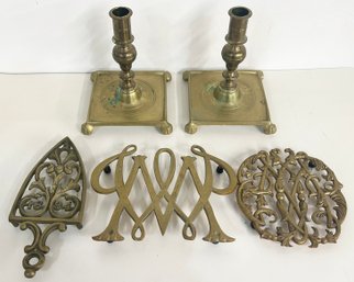 Lot Of Heavy Brass: 3 Vintage Trivets & 2 Candle Holders