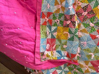 Vintage Crazy Quilt, Cotton, With Batting, And Yarn Pulled Through For Decoration
