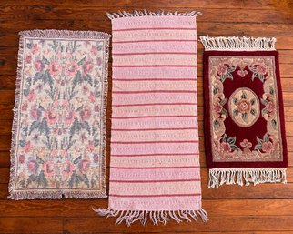 (3) Fringed Area Rugs  Floral , Pink Striped And Deep Red Oriental Style