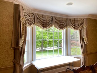 A Swag Valance Silk Two Panel Drapes Lined Curtain Set With Tassel Trim Including Wooden Rods