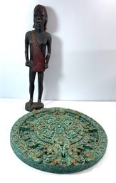 Aztec Composite  Resin Calendar  14'' And Hand Carved Kenya Wood Figurine 18''