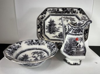 EARLY MULBERRY PITCHER, WASH BASIN, AND PLATTER