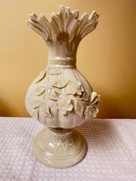 Belleek Pearly Paria Porcelain, Raised Relief Floral Decorations Adorn This Stunning Vase, With Mark 3, 1926-1