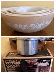 Four Vintage Pyrex Nesting Mixing Bowls Paired With New Presto Pressure Cooker In Original Box