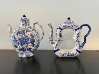 Two Blue & White Decorative Porcelain Pitchers