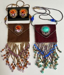 2 Native American Talisman-Amulet-medicine Bag Pouch Necklaces  New Earrings Amber, Amethyst, Glass