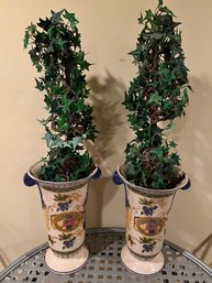 Pair Of Two Handled Ceramic Urns With Faux Ivy