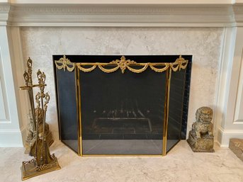 Fireplace Screen With Brass Trim & Fireplace Tools