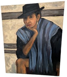 Martin Finn (American, 1925-2018) Oil On Canvas: Woman In Hat & Scarf Leaning On Arm