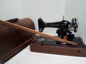 1931  Portable Singer Sewing Machine With Wood Carrying Top/case And Vintage Collins Skirt Marker  UNTAB2