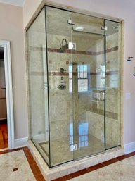 A Frameless Glass Shower Enclosure With Steam Vent Panel - Pbath