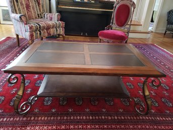 Vintage Wood/Leather Top  Coffee Table With Wrought Iron Scrolls