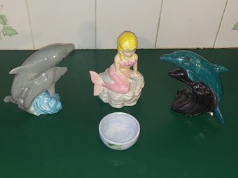Ceramic Mermaid And Pair Of Dolphin With Babies