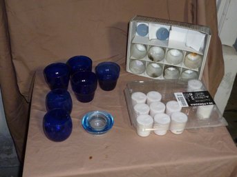 Candle Lot #3 - Blue Glass  And Clear Glass Votive Holders And Candles