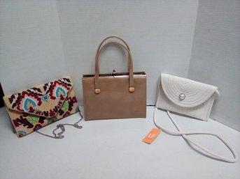 3 Pc Lot: Vinyl & Metal, Hand Beaded Fabric Clutch/shoulder Bag & White Cotton Stitched (shoulder Bag)  CVBK