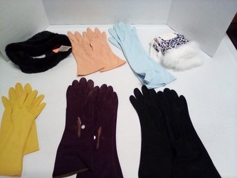 7 Piece Lot Of Small Gloves, Head Band  And 1 Pair Thumb Only Gloves    C3