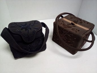 Classy Vintage  Beaded Purses - Navy And Chocolate Brown With Brass Features (change Purse Within) C3