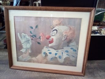 Wood Framed Print Pencil Signed Best Wishes Sam Coty - Costumed Clown Taking Pause, Smelling A Rose WA