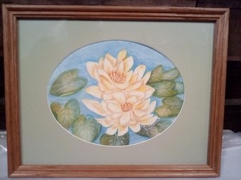 Original Lotus Flower Mixed Media Art Signed By Sr. Albertine Schulz - Matted Light Color Wood Framed.