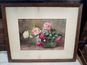 Signed Original Watercolor Of Roses In Vase  By Louise M. Powe, '97 In Vintage Frame  WA