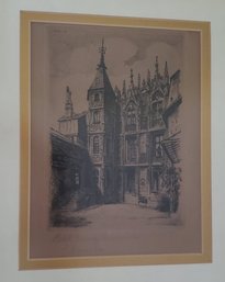 Pencil Etching Of Hotel In Rouen France Signed Illegibly.