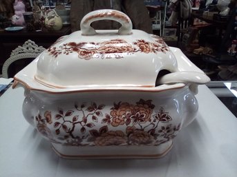 Lovely Vintage Rectangular Lidded Soup Tureen With Transferware Appearance & Hand Painted Details C5