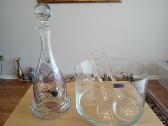 Glass Salad Bowl & Wine Decanter Both Hand Blown