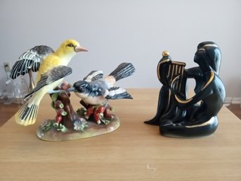 Beautiful Porcelain Figurines,birds In A Tree & Woman Playing A Harp