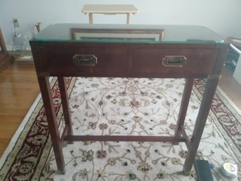 Handsome Hekman Two Drawer Hall Table With A Glass Top & Brass Pulls