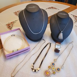 Deluxe Costume Jewelry (7) Lot -Cardini Watch, Faux Pearls, Herringbone Necklace Chain, Natural Stone Pendant