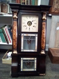 Beautiful Vintage Clock With Decorative And Stained Glass Features And Key & 2 Lead Weights WAPantry