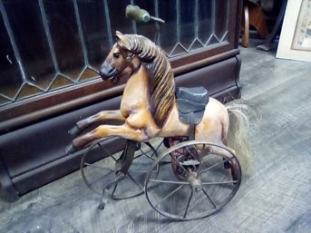 Unique Three Wheel Horse Display Toy Leather Saddle  Iron Wheels Real Horse Hair Tail.   A4