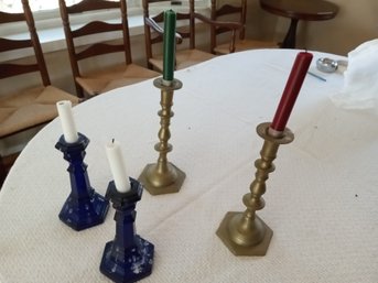 Vintage Blue Glass And Brass Candle Holders