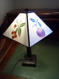 Metal Electric Lamp With Realistic Handpainted Fruits On 4 Slag Glass Panels (metal Frame Shade)