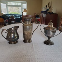 Trio Of Vintage Silverplate Items - Cocktail Mixer/ Pitcher, A Loving Cup & A Pitcher