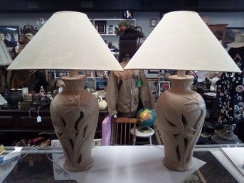 2 Large Beige Colored Lamps (working) - Tropical Floral Style Pattern With Cutouts   CVBK