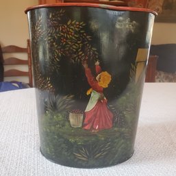 Vintage MCM Decoware Hand Painted Metal Waste Basket - Looks Like A Tole Tray Painting