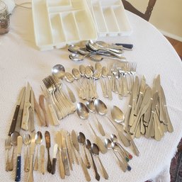 Large Lot ( 130 Pieces! ) Of Stainless And Silver Plate Flatware & 2 Rubbermaid Drawer Trays